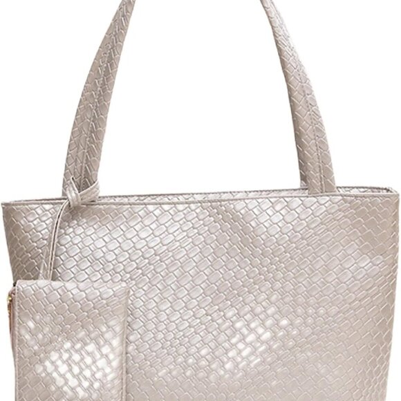 Elegant Vegan Leather Woven Tote Bag Set - Versatile & Stylish 2pc for Women - Picture 1 of 6